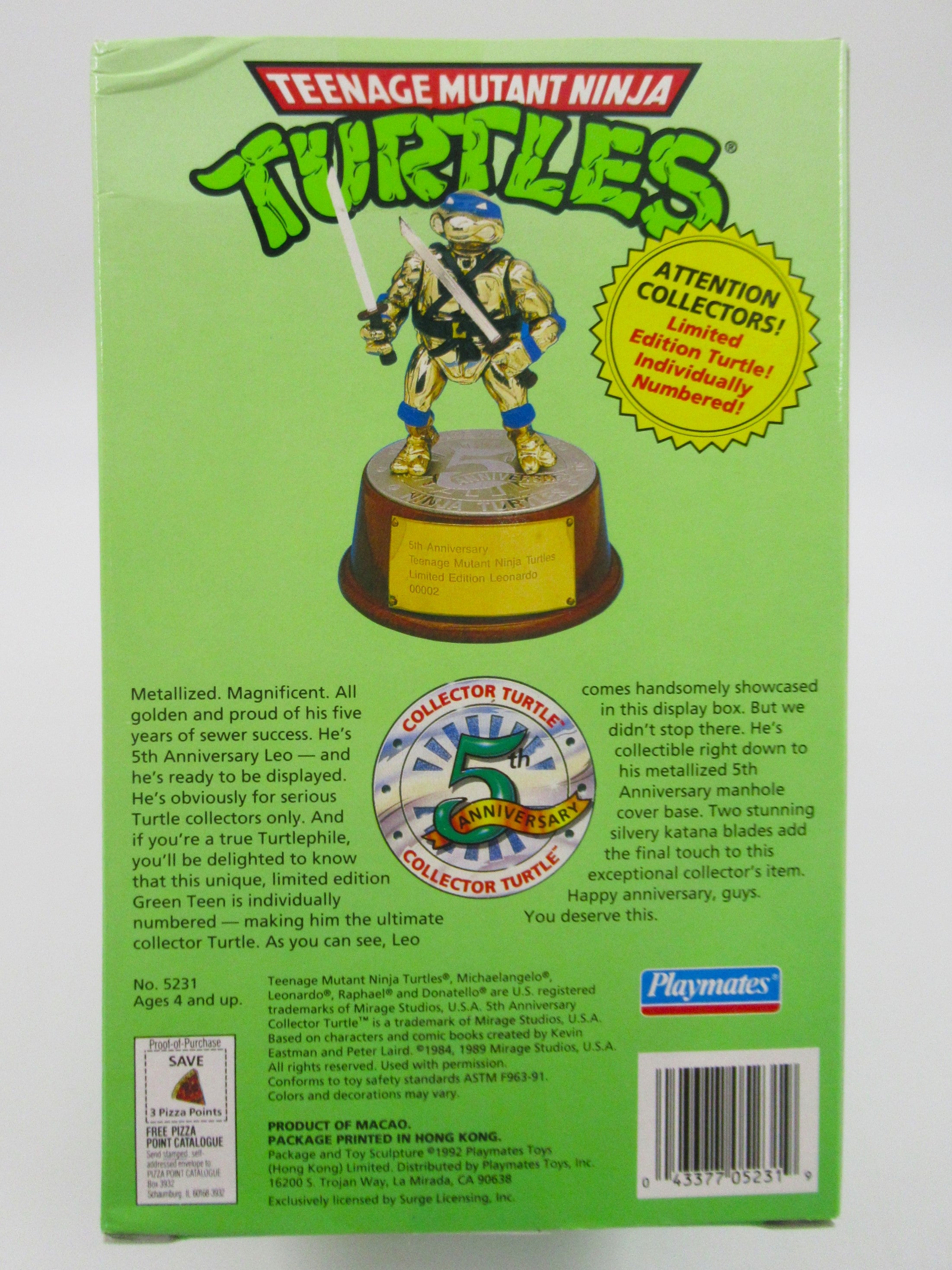 Teenage Mutant Ninja Turtles Limited Edition Leonardo 5th Anniversary Collector Turtle Figure TMNTs - Playmates (1992)